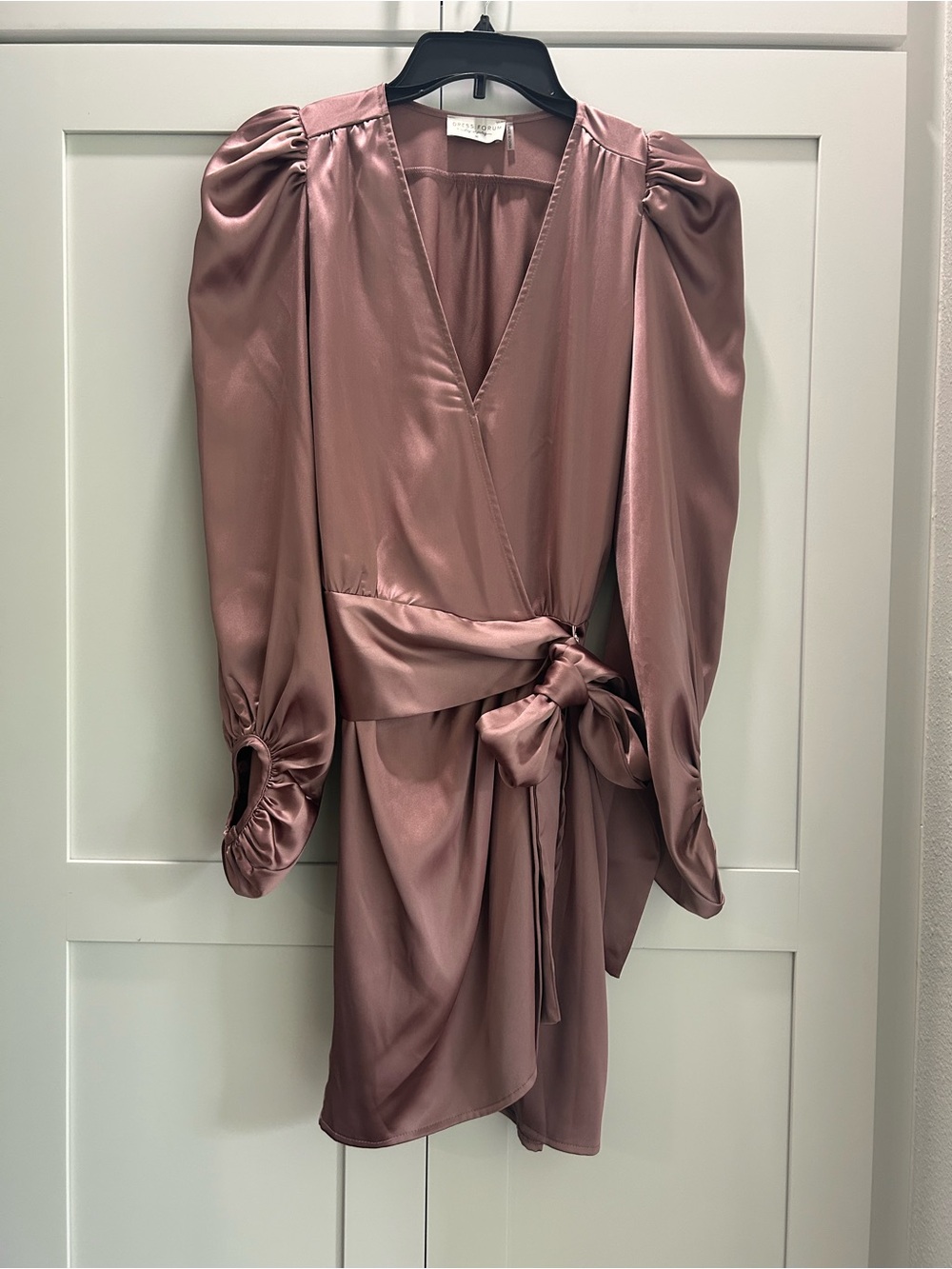 Dress Forum Mauve Satin Wrap Dress with Puff Sleeves